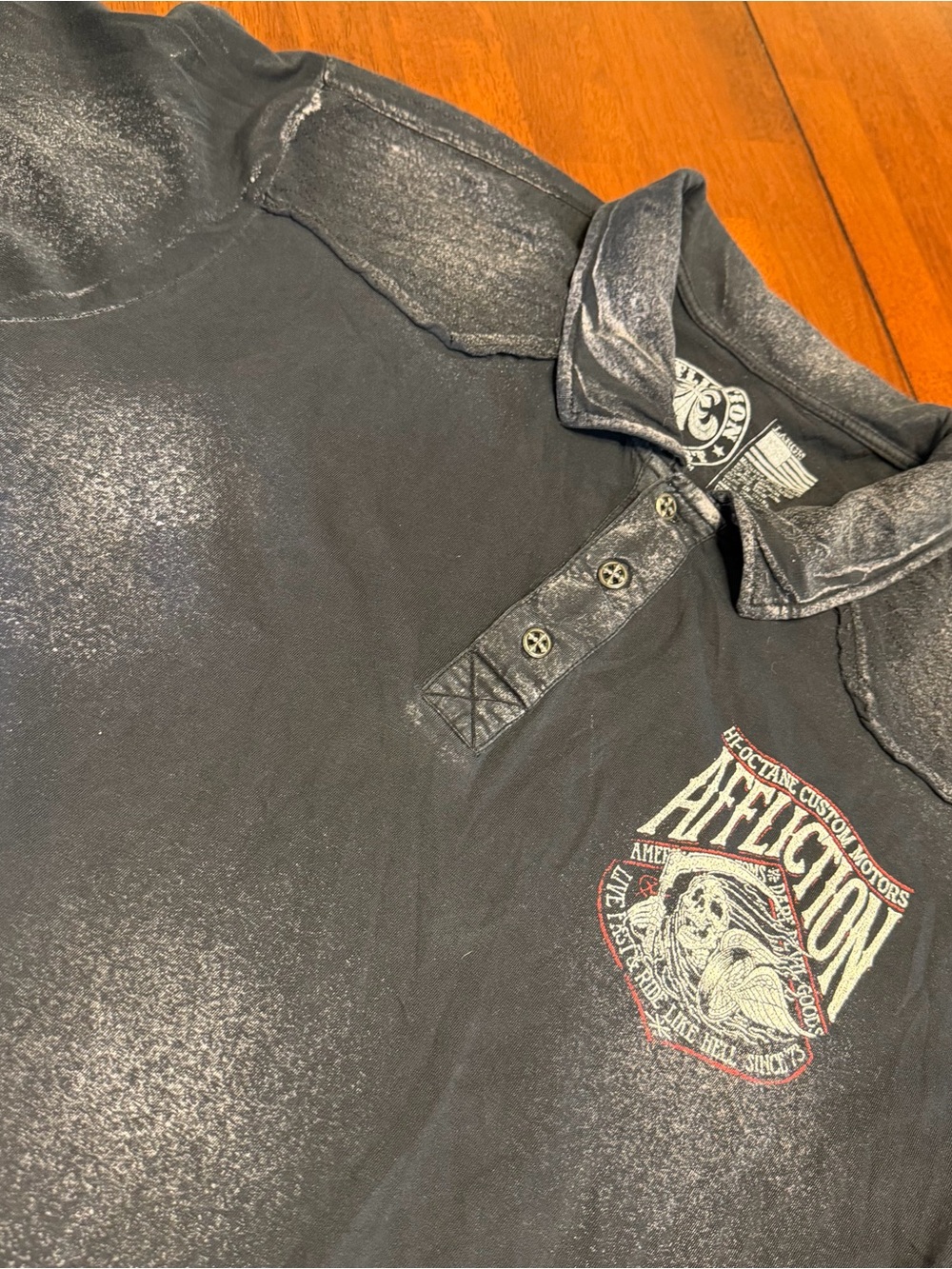 Affliction Polo Shirt Mens L Black Y2K Skeleton Reaper Graphic Biker Streetwear